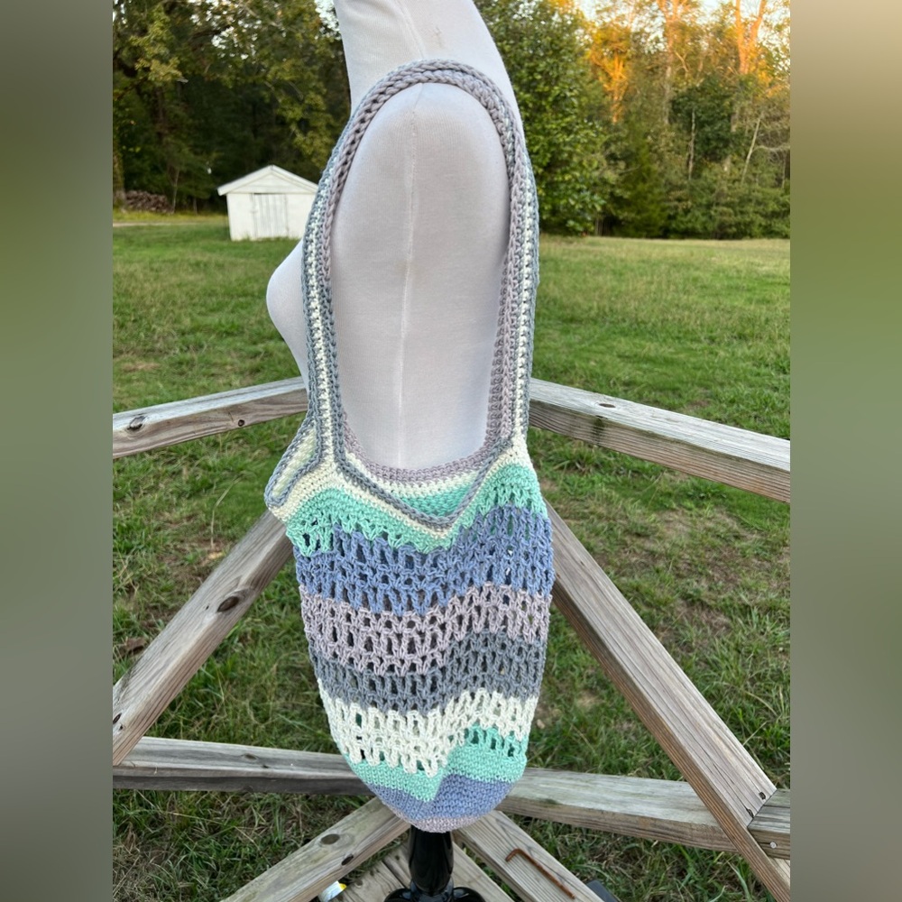 Blue, Grey, White & Teal Crochet Acrylic Market Bag Handmade